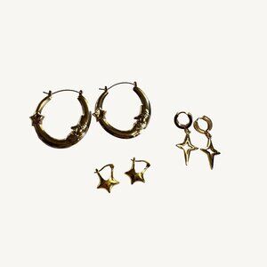 Gold Costume Jewelry Bundle of 3 Pairs of Earrings Stars, Moon, Hoops